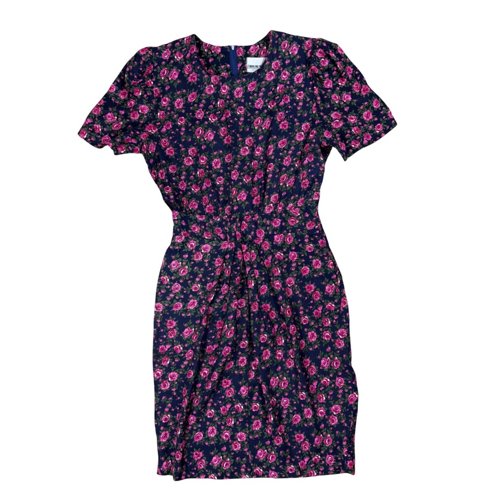 Caroline‎ Wells Vintage 90s Floral Rayon Sheath Dress Navy Pink Rose Puff Sleeve